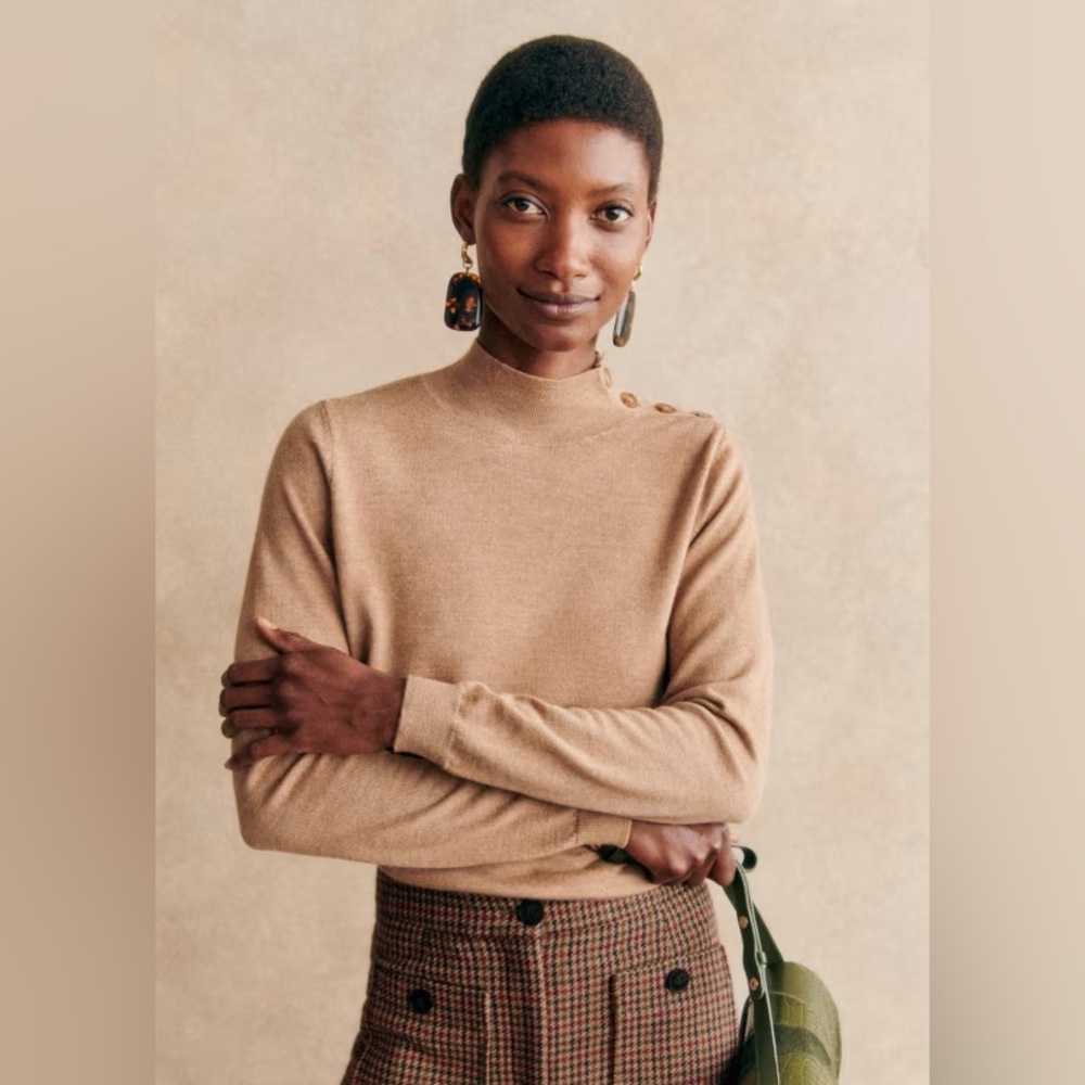 Sezane M Jacob Jumper Camel Sweater Neck Buttons